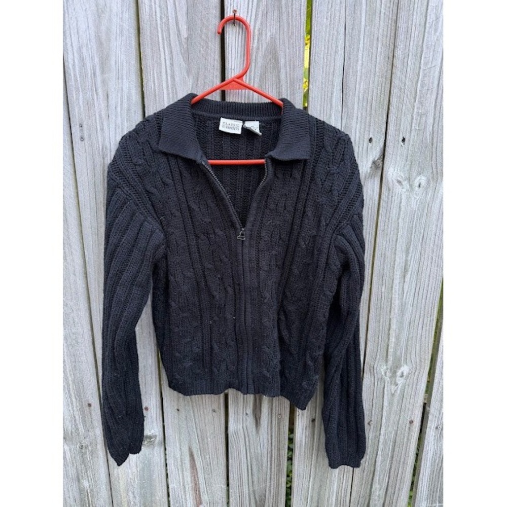 90s Preppy Classic Elements Zip Up Cardigan M Black Cable Knit Polo Sweater